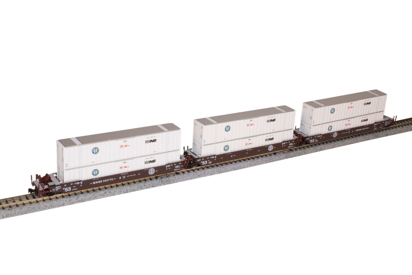 Kato N Scale BNSF MAXI-IV 53' Well Cars with Hub Containers