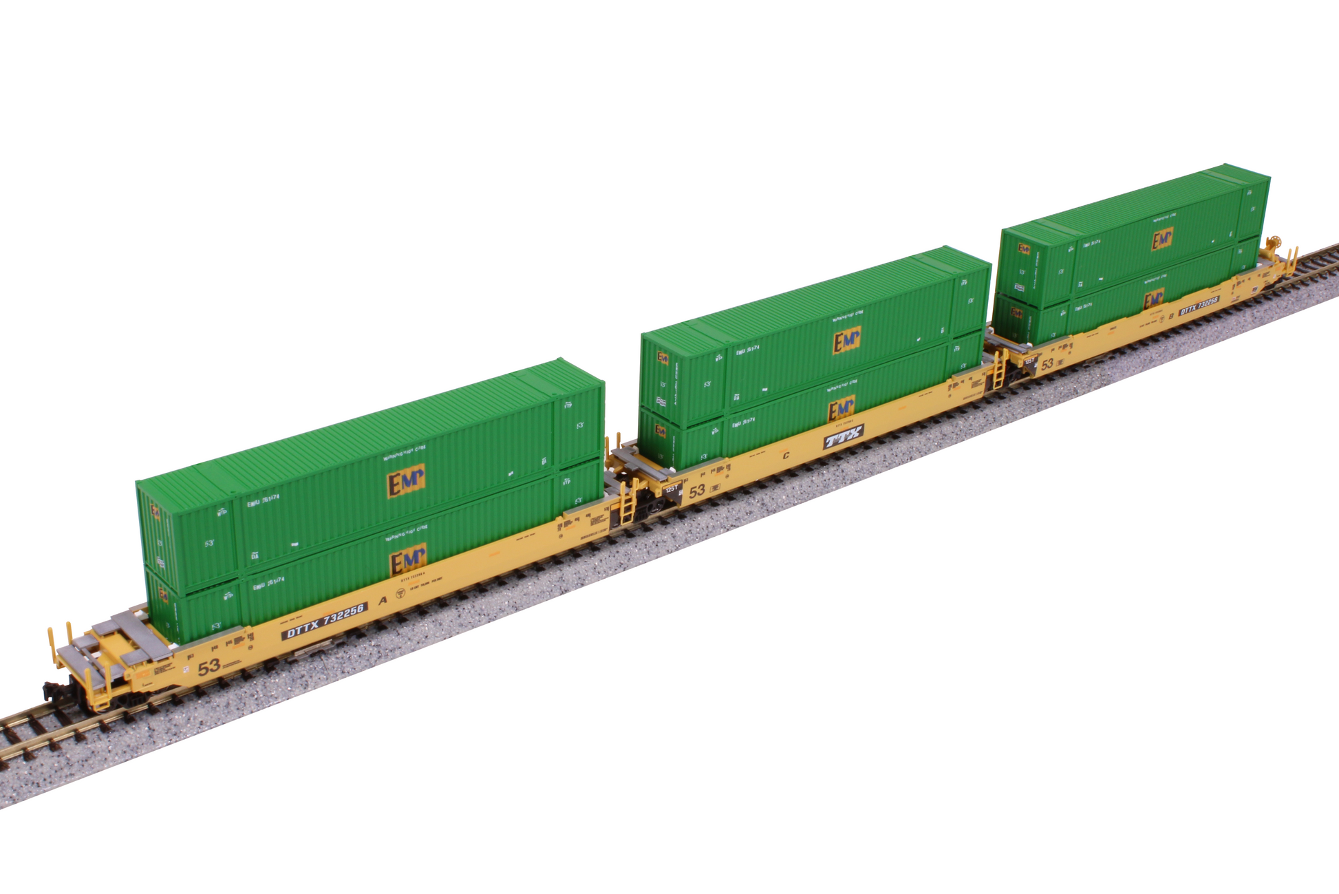 Kato N Scale TTX MAXI-IV 53' Well Cars with EMP Green Containers