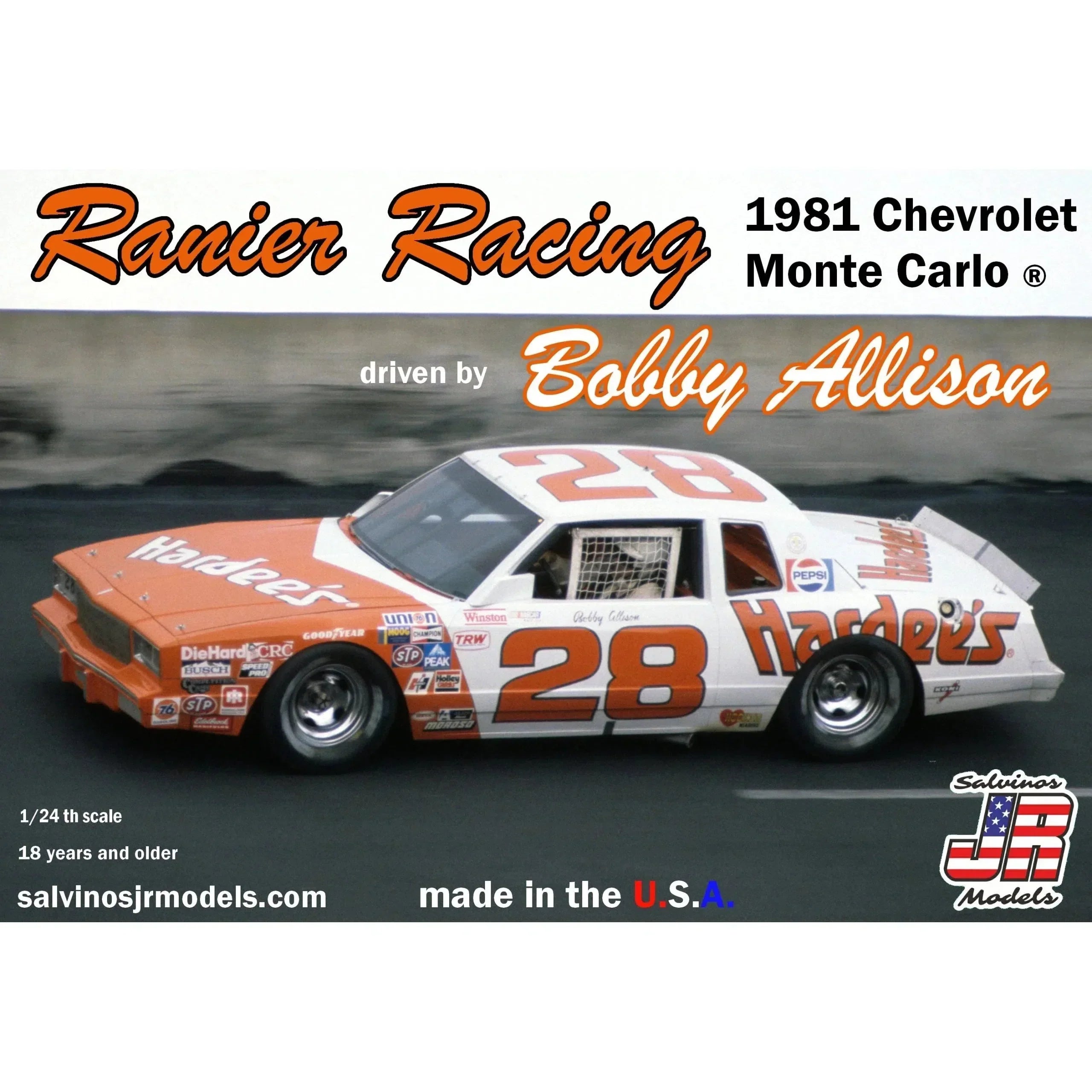 Salvinos JR Models Bobby Allison #28 Ranier Racing Chevy Monte Carlo 1981 Winner Model Parts Warehouse