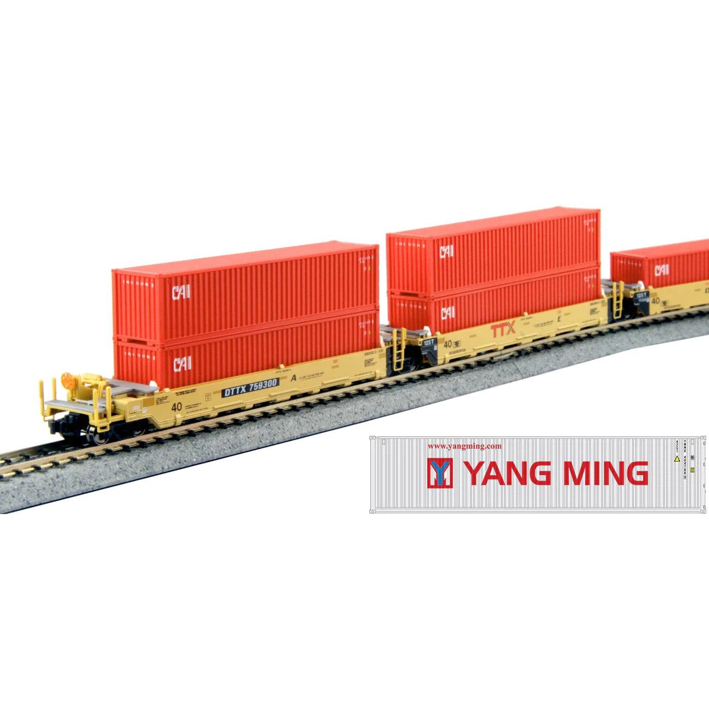 Kato N MAXI-I Double Stack 5pk TTX #759364 with Yang Ming Containers